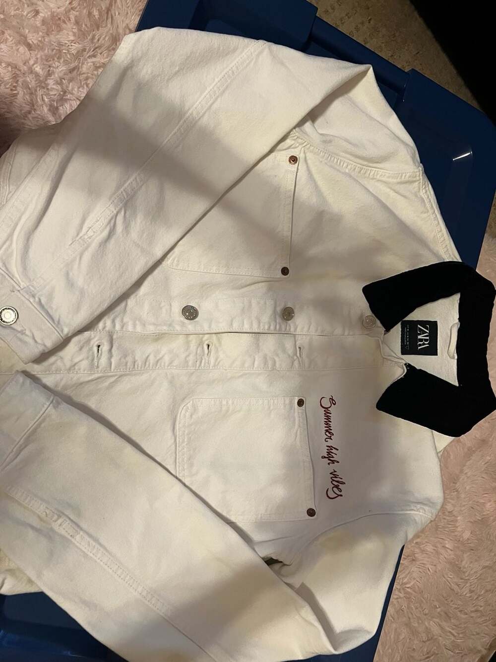 Zara Denim Jacket Size M White Summer High Vibes Floral Embroidered